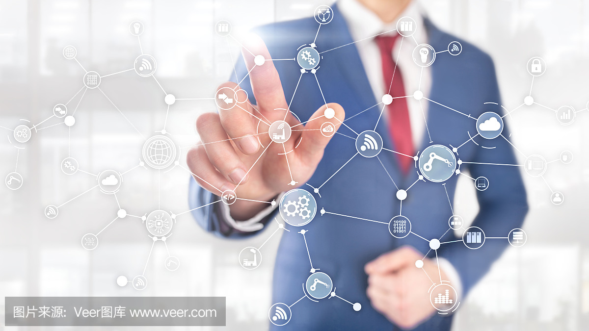 虛擬屏幕上的技術工業(yè)業(yè)務流程工作流組織結構。物聯(lián)網(wǎng)智能行業(yè)概念混合媒體圖。